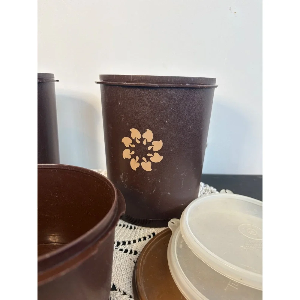 Vintage Tupperware Servalier Canister Set Brown Floral 809-13 809-14 1298-11 3pc